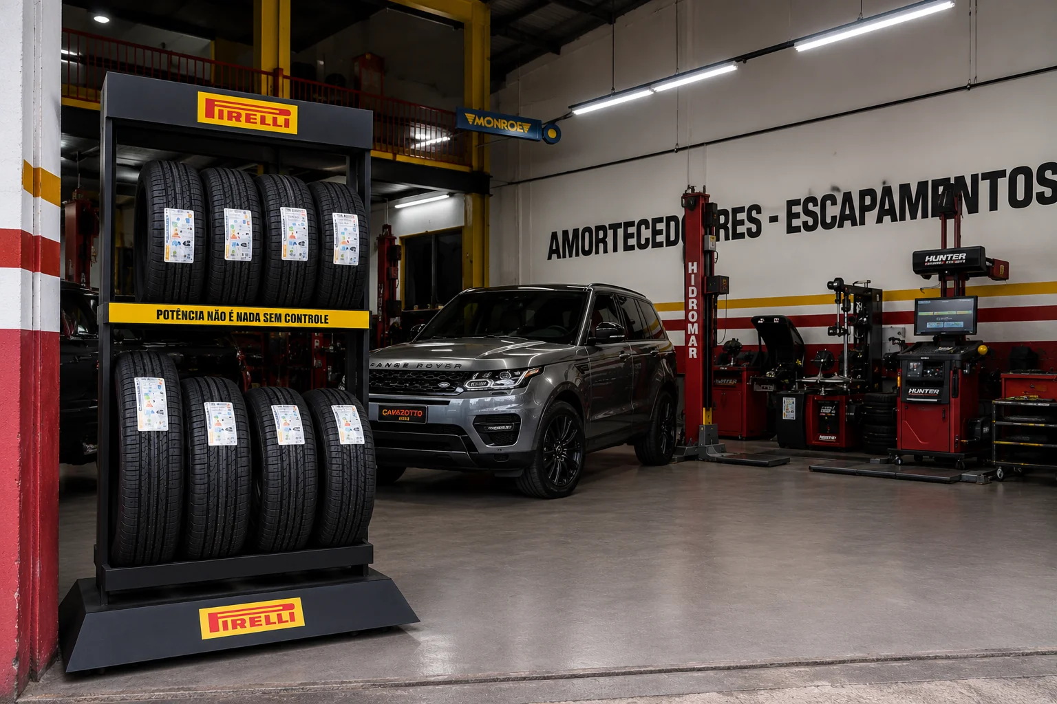 Área interna da Cavazotto Pneus em Campinas com pneus e equipamentos de autocenter